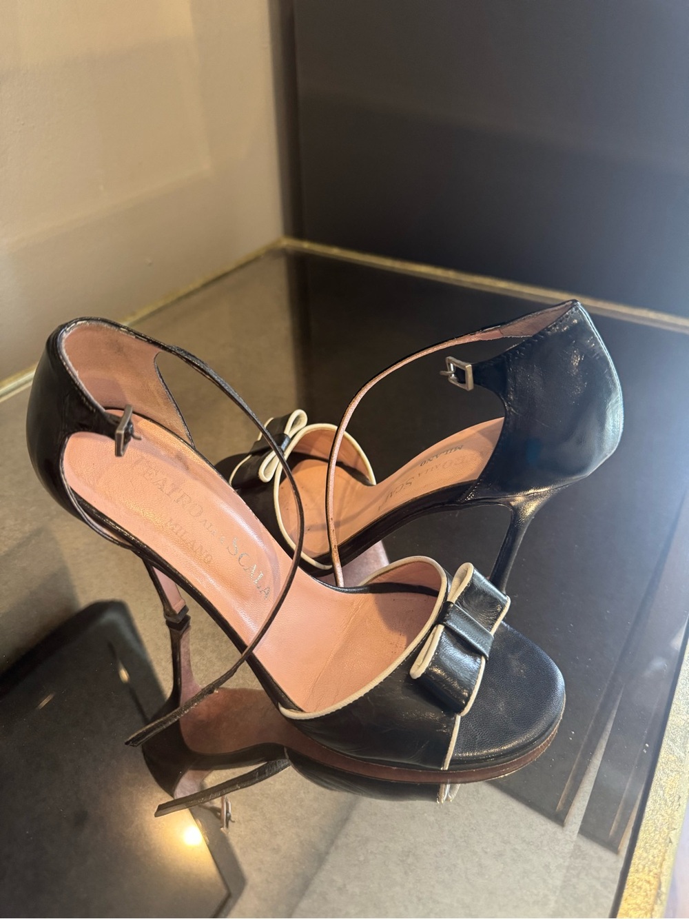 Scala Milano Black Leather Bow Ankle-Strap Heels with Pink Insole